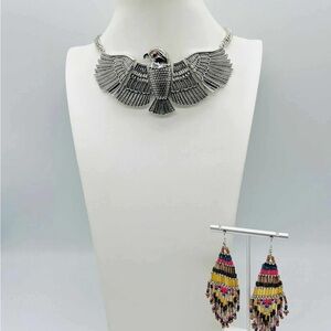 Silver Eagle Necklace and Multicolor Earrings Set